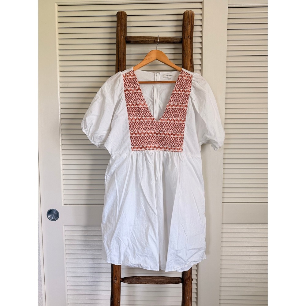 Madewell Mini Dress Womens M White Excellent Smocked Embroidered Puff Sleeve - Picture 1 of 7